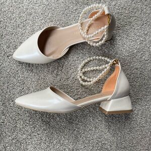 Ivory Shoes with Pearl Ankle Strap and Low Heel